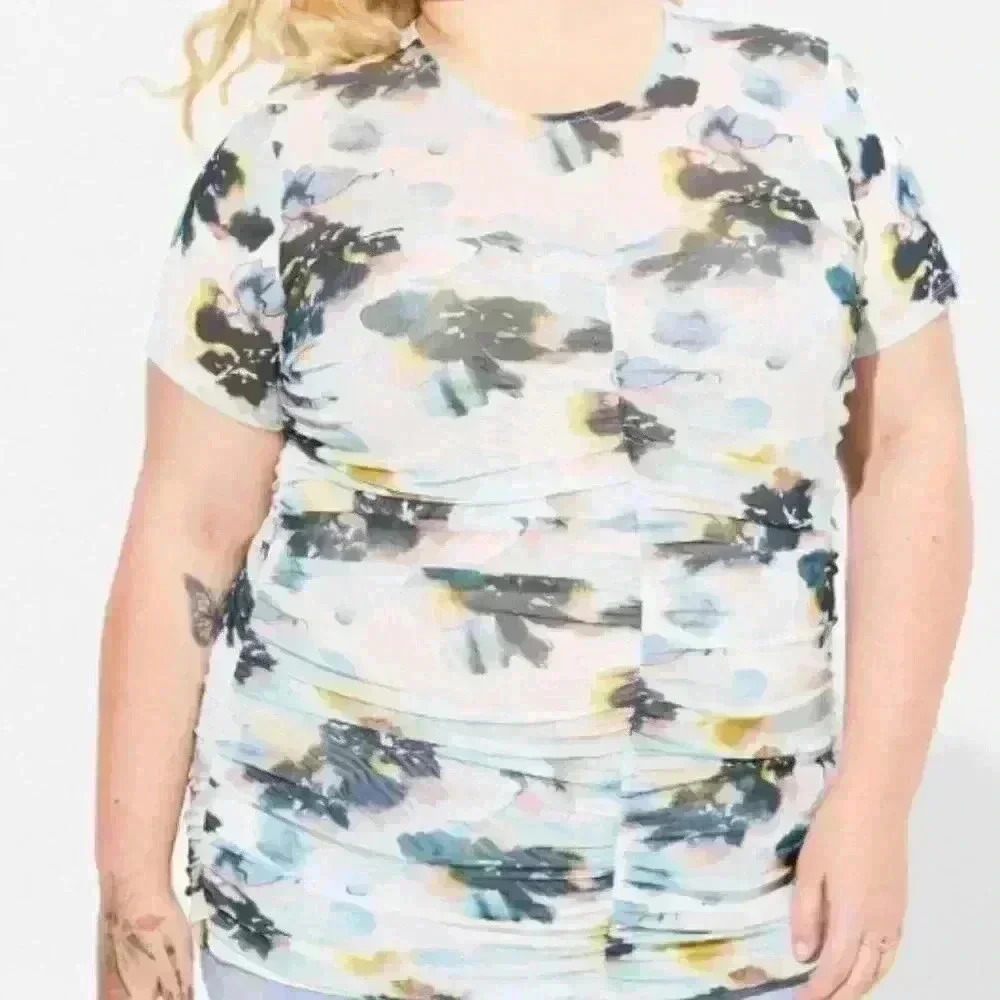 Torrid Stretch Mesh Crew Neck Rushed Floral Watercolor Blouse Top 3 3X 22/24